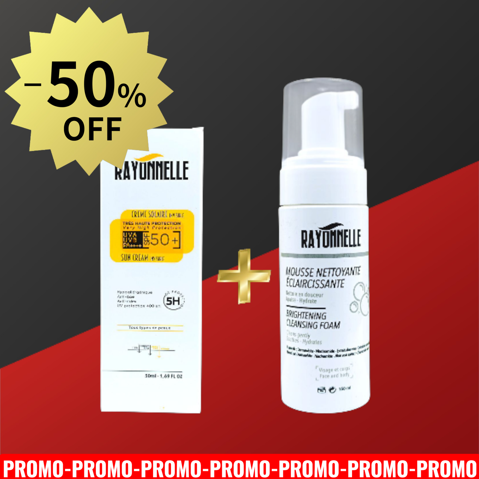 RAYONNELLE PACK LA MOUSSE ECLAIRCISSANT 150ML +CREME SOLAIRE INVIIBLE SPF50+50ML -50%